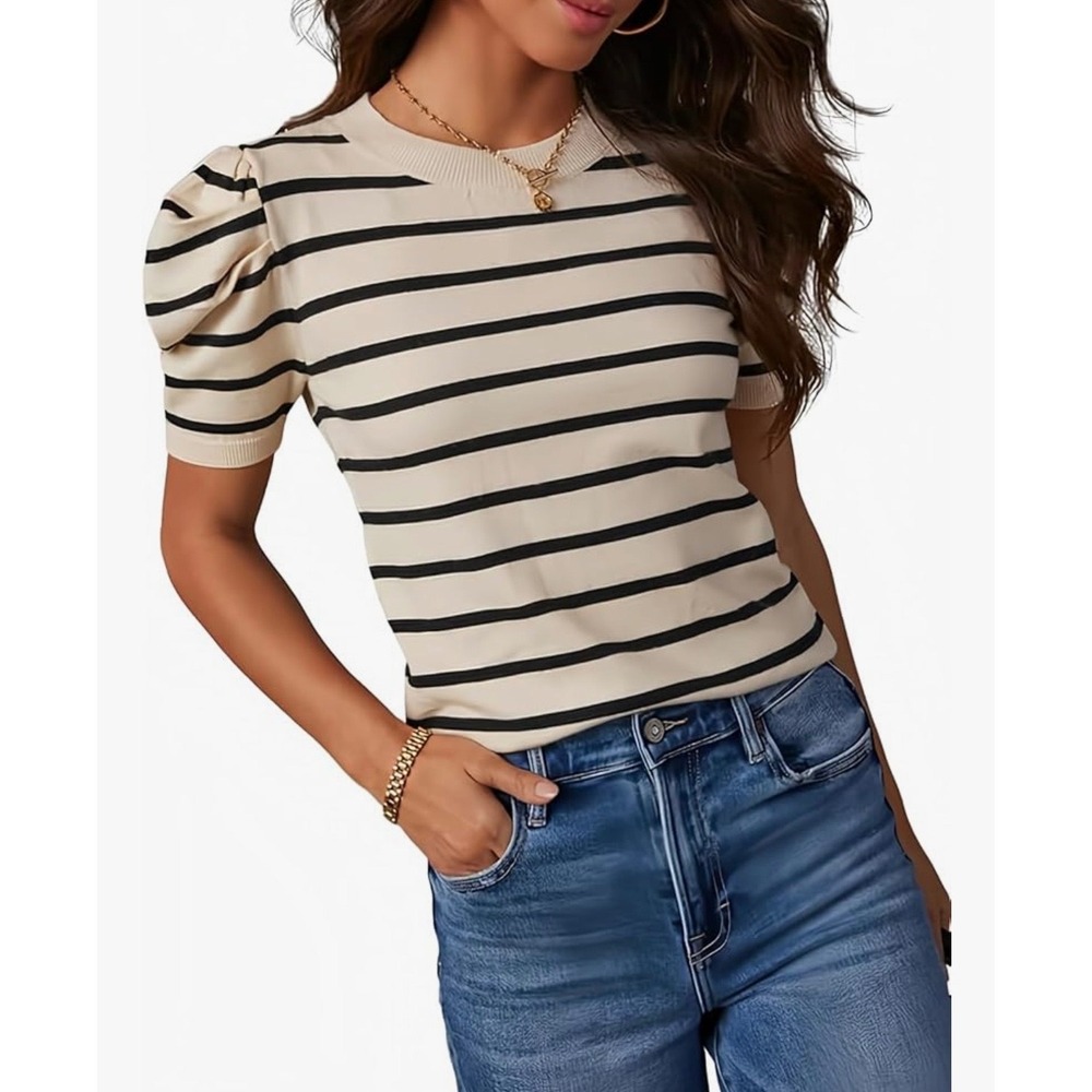 NEW Striped Puff Sleeve‎ Plus Size 3XL Knit Top Beige Black Casual Crew Neck